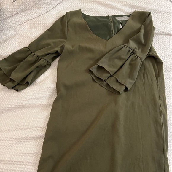 BELONGSCI Olive V-neck Bell Sleeve Shift Mini Dress! - Picture 3 of 4